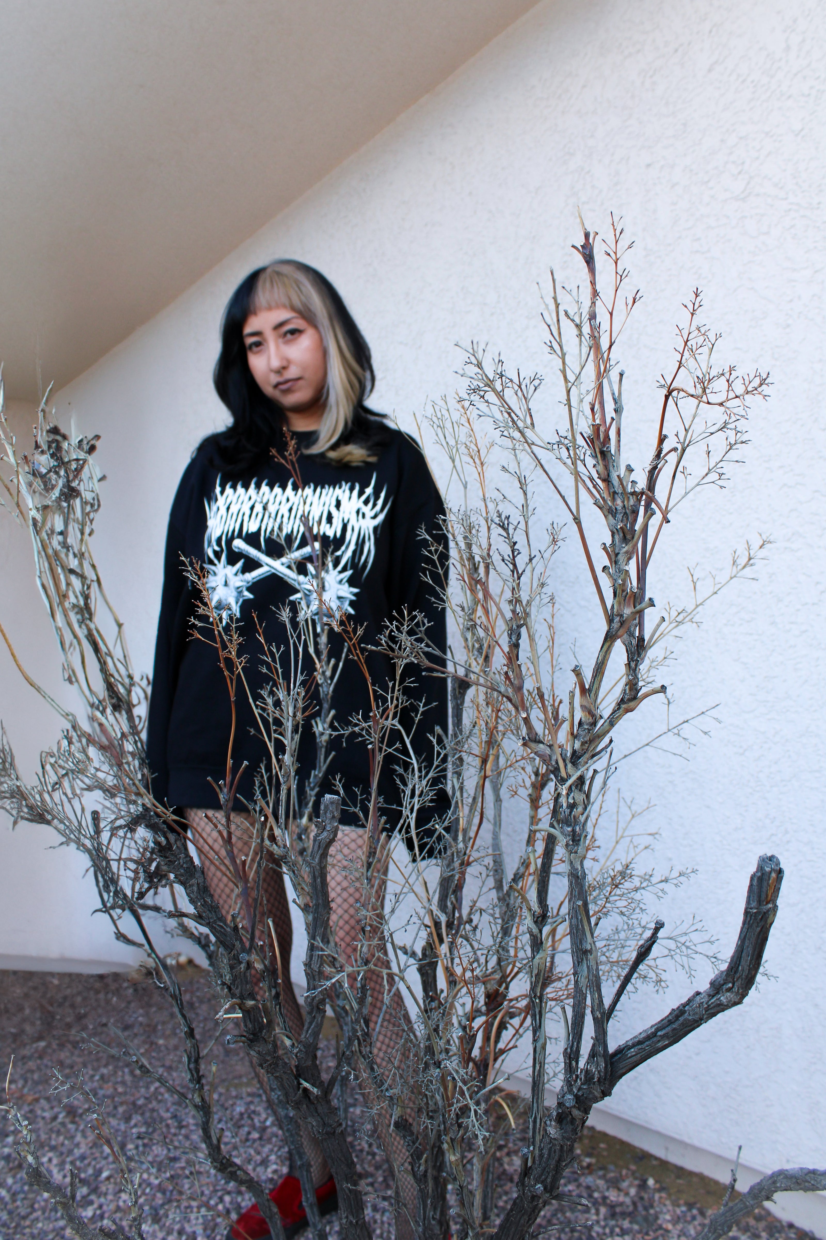 Person wearing a black crewneck sweater with white text stating "Barbarianism" standing in front of a white wall and dry plant.